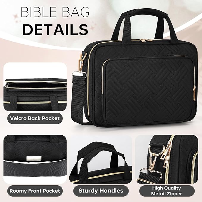 Bible Cover Case for Women Bible Study Supplies Christian Gifts for Women Church Camp Essentials Christian Bible Journaling Kit Quilted Large Bible Cover with Durable Handle (Black, Large)