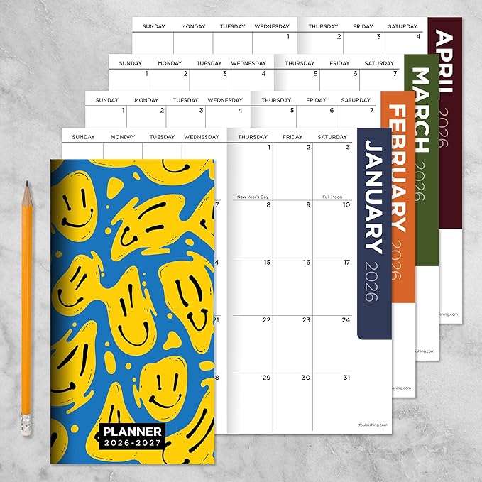 TF Publishing 2026-2027 Smiley Small Monthly Pocket Planner with 2 Page Large Calendar Grid and Lined Notes Section - 2 Year Pocket Calendar 2026-2027 Perfect for Purse - 3.5in x 6.5in
