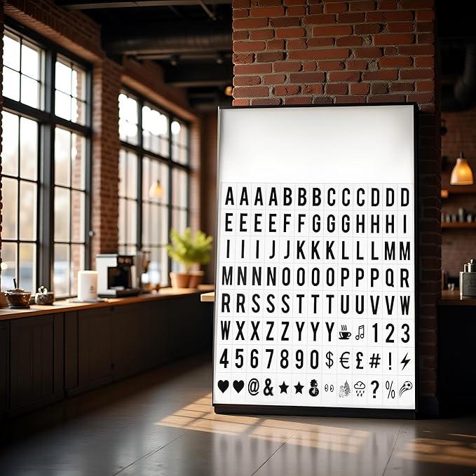 A Set 104Pcs Black Cinematic Lightbox Replacement Letters & Numbers Signs for A4 Light Up Letter Box Sign Message Board, Presentation Boards 65.4x35mm, for Home or Events(Light Box is NOT Included)
