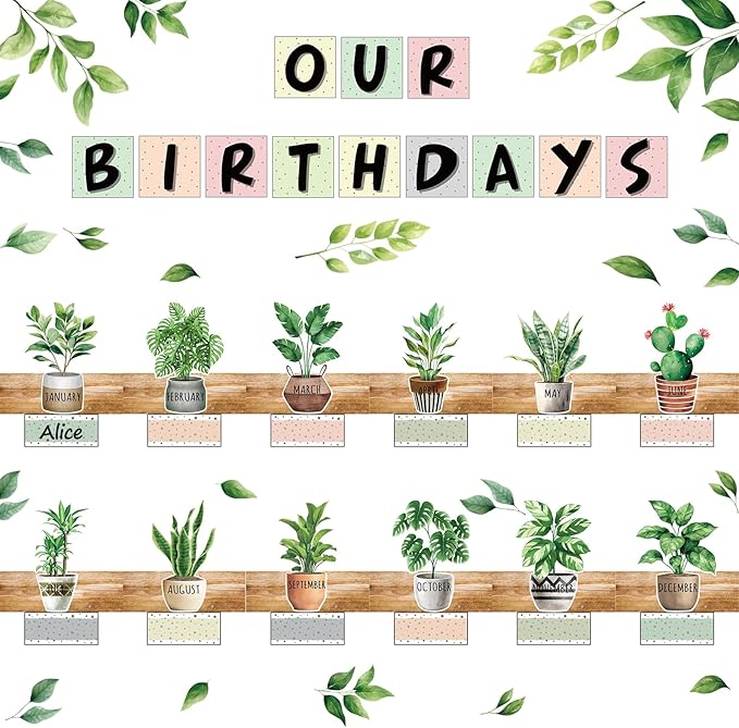 FYSUIMU 84 Pcs Birthday Bulletin Board Decoration Set Boho Plant Leaves Birthday Bulletin Board Border Greenery Paper Cutouts for Back to School Classroom Month Calendar Preschool Chalkboard Supplies