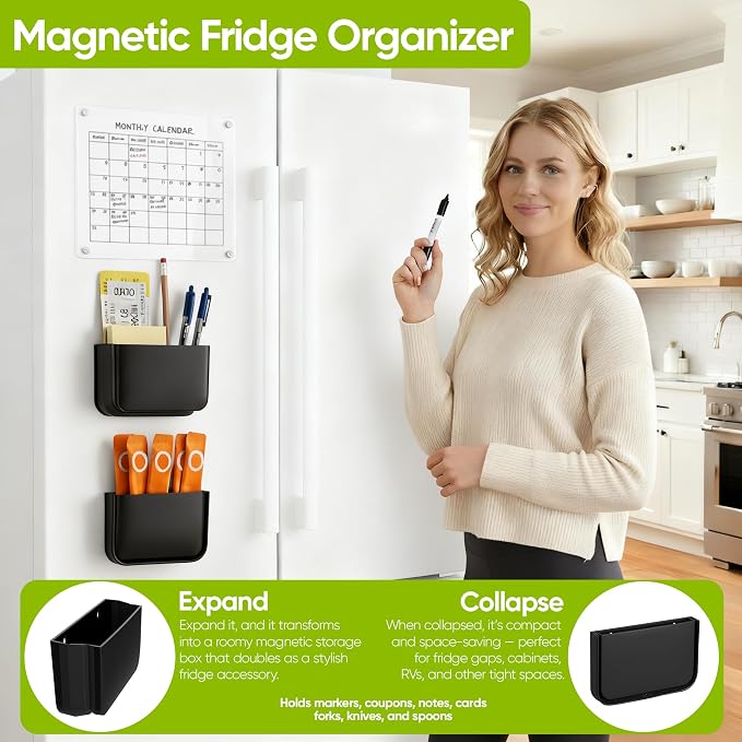 2 Pack Foldable Magnetic Organizer for Cruise Essentials 2026, Pen Holder for Refrigerator, TV Remote Holder, Magnetic School Locker, Office & Bathroom Organization (Black)