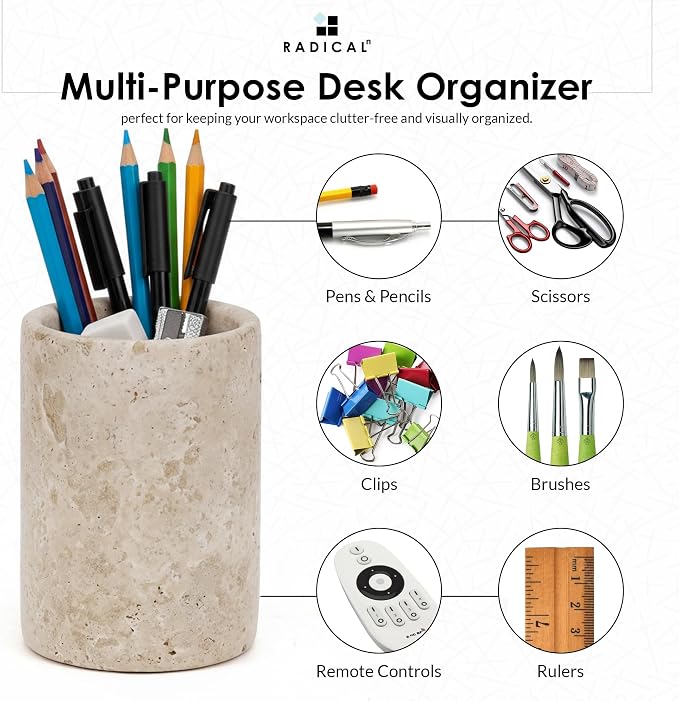 Radicaln Marble Pen Holder For Desk 4" Inches Travertine Handmade Pencil Holder & Pen Holder for Home & Office Desktop Organizer, Ideal Marble Toothbrush Holder