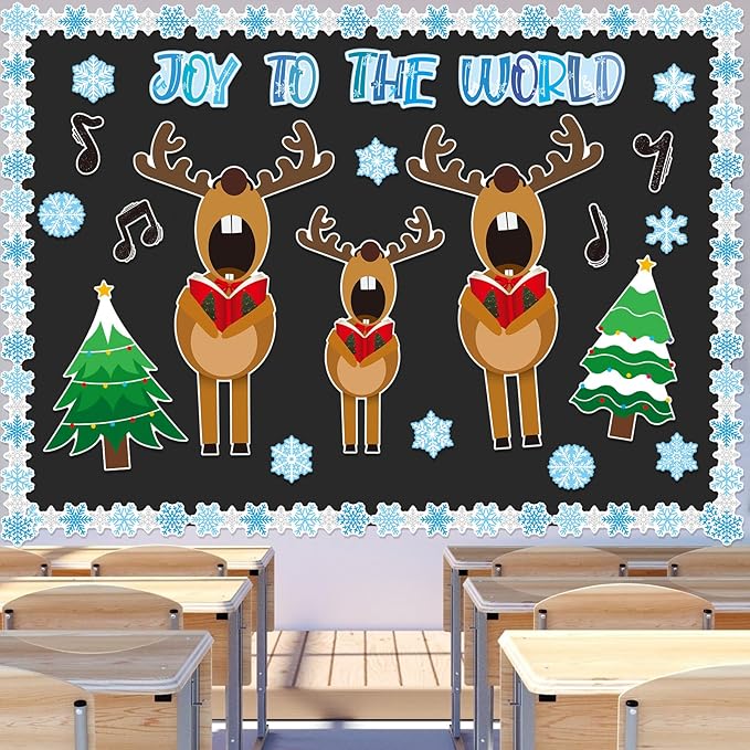Fuutreo 62 Pcs Christmas Bulletin Board Decoration Christmas Reindeer Music Classroom Bulletin Board Sets Joy to The World Snowflakes Paper Cutouts for Xmas Party Supplies School Winter Holiday Decor