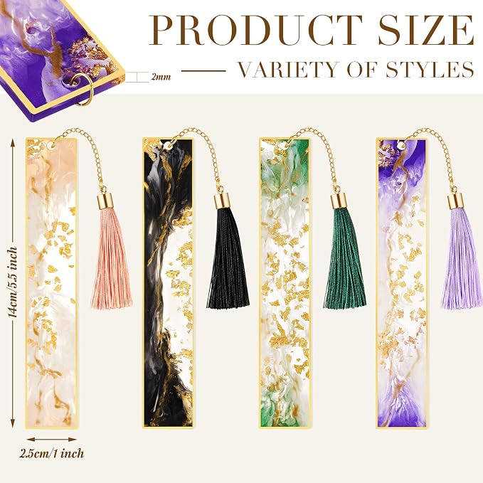 Gersoniel 4 Pieces Resin Bookmarks Handmade Resin Gilt Bookmarks with Tassels Presents for Women Kids Students Teachers and Book Lovers School Home Reading(Bright Color)