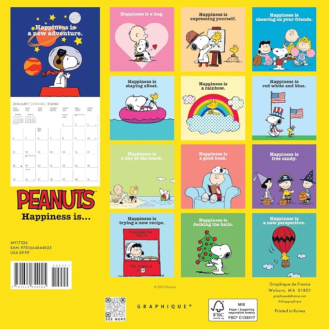 Graphique 2026 Peanuts Mini Wall Calendar | 7” x 7” | Thick Paper | Home & Office Organizer | Large Monthly Grid | 3 Languages & Marked Holidays | 4 Month Preview Page for 2027