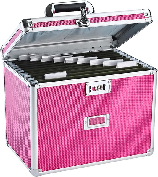 File Storage Cabinet for Letter Size Hanging File Folders, Suspension File Holder, Document Organizer Filing Lockbox in Office and Home with Combination Lock and 10-pack Hanging Files (Pink, Letter)