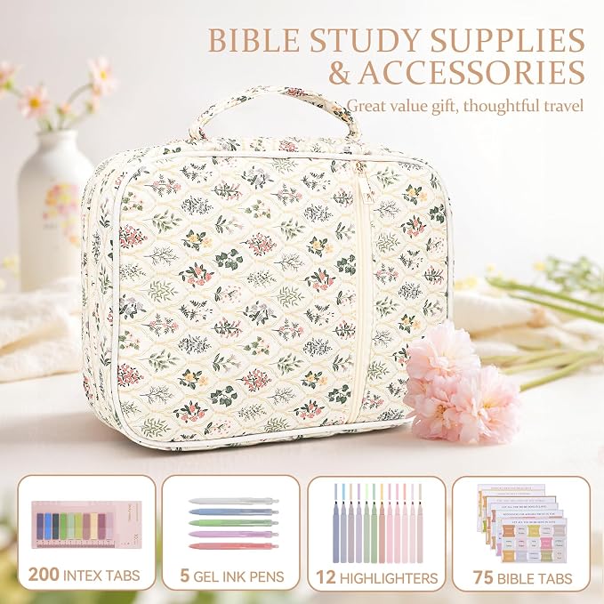 Bible Cover Case for Women Large Quilted Bible Carrying Bag with Handles Bible Study Supplies & Accessories Christian Gifts for Women(Wildflower Meadow, M)
