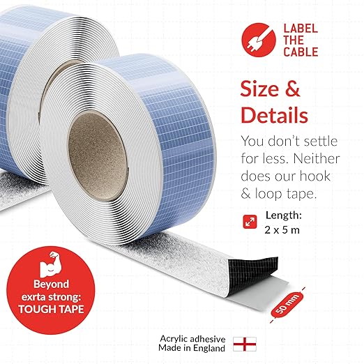 Tough Tape Strap – Self-Adhesive Hook and Loop Tape, Extra Strong 5m x 50mm White 2-Pack – Hook and Loop Fastener roll with Permanent Adhesive (-40°C to 100°C) – Fastener Tape for Heavy Duty DIY