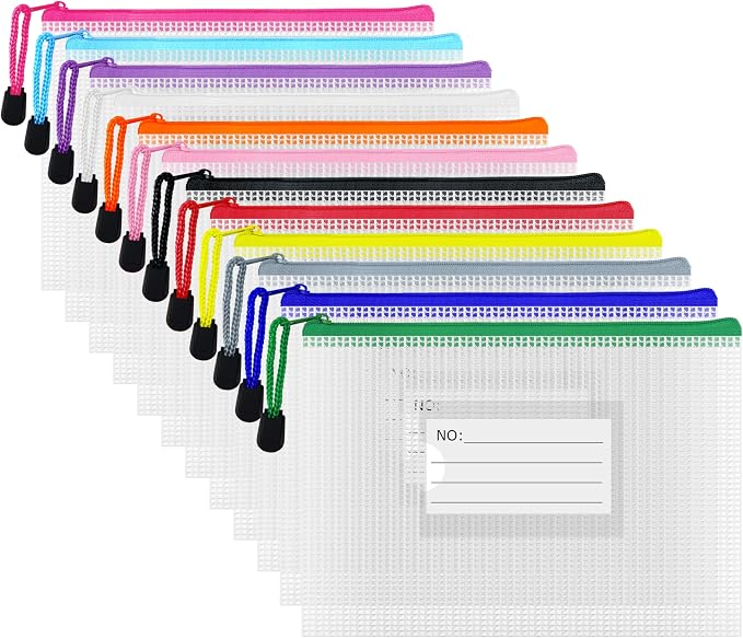 Plastic Mesh Zipper Pouch, 12Pcs Zipper File Bags with Label Pocket, Game Boards Storage Bags, Waterproof Document Storage Bags for Office Home Travel (B6 Size 7.6x5.3 in)
