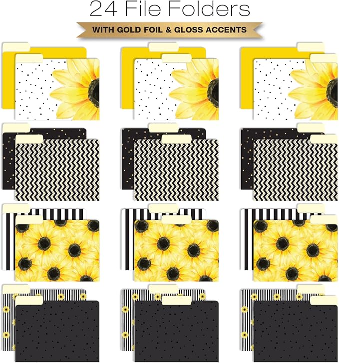 Global Printed Products Deluxe Designer Hanging File Folder Kit, Includes Metal Hanging Basket, 12 Hanging Folders, 24 File Folders, 1/3 Cut Tab, Assorted Positions, Letter Size (Sunflower)