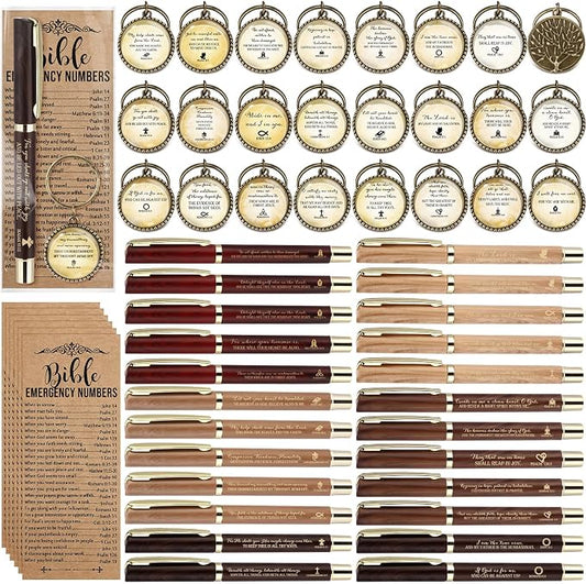 Feifeiya 75 Pcs Father's Day Christian Gifts Bulk 25 Bible Verse Pens 25 Religious Keychains 25 Emergency Number Bookmark Christian Church Gifts for Men Pastor Sunday School Church VBS(Brown,Stylish)
