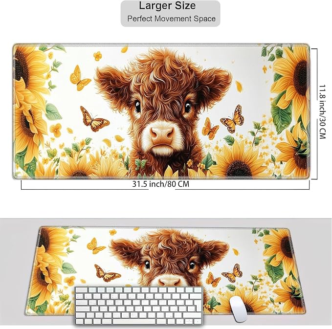 Mouse Pad Gaming Mousepad 31.5x11.8 Inch XXL Large + Coasters,Desk Mat with Stitched Edges, Non-Slip Rubber Base, Thick Mouse Pad for Computer, Laptop, Office & Home - Sunflower Highland Cow