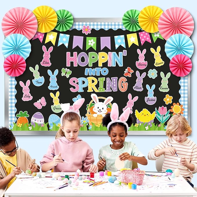 Eersida Spring Bulletin Board Set with Paper Fans 3D April Classroom Decorations Hopping in Spring Bulletin Board Cutouts for Elementary Middle School Classroom Office Supplies