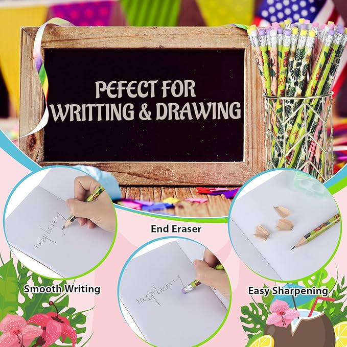 Fainne 72 Pcs Beach Pencils with Eraser Bulk Hawaii Mexican Assorted Pen, Novelty Fun Wooden Pencils for Class School Reward Prize Party Favors Gifts (Hawaii)