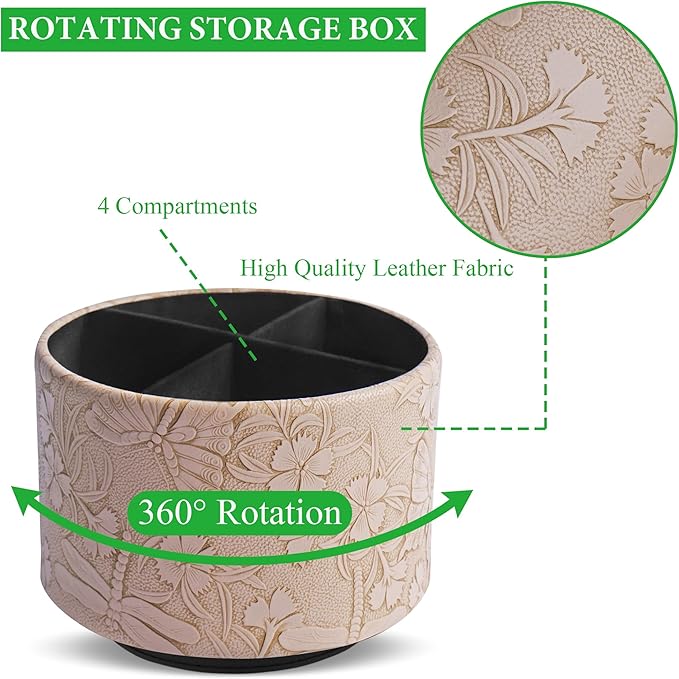 Round Leather Art Supply Organizer,Remote Control Holder,360-degree Rotating Pen Organizer with 4 Compartments(1-Butterfly Brown)