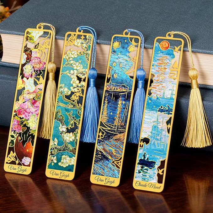 Kinsound Metal Bookmarks with Tassel, Golden Van Gogh Monet Oil Painting Theme Cute Hollow Book Markers for Reading Women, Teachers, Students, Reading Accessories Gifts for Book Lovers (Style B(4PCS))