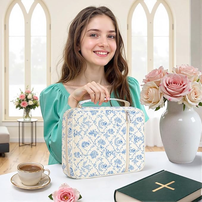 WOBAGMEN Bible Cover Case for Women,Cordoury Bible Cover with Handle,Blue Bible Book Cover,Carrying Case Bible Protective Christian Gift(Vintage Blue, M)