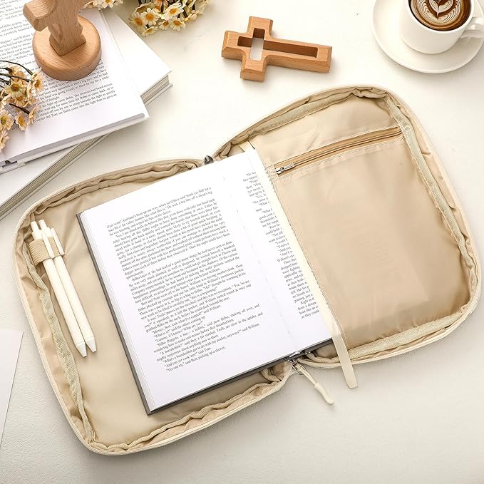 Aliceset Large Bible Cover Case for Women, Beige Floral Quilted Cotton Bible Carrying Case Organizer Bag with Handle and Zipper, for Christian Easter Gifts, Study Supplies Accessories
