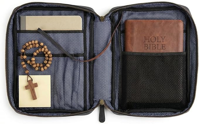 LEATHER VILLAGE Handmade Vintage Leather Embossed Bible Cover for Men & Women - Large Protective Bible Case & Organizer for Church, Travel & Study Christian Religious Antique Bookmark - Black