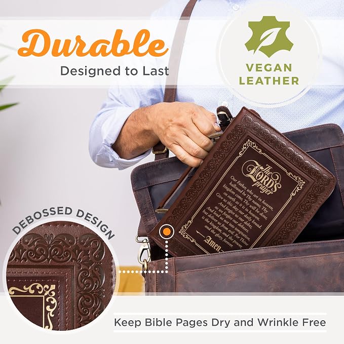 Christian Art Gifts Classic Bible & Book Cover for Men & Women: The Lord's Prayer - Matthew 6:9-13 Sturdy Inspirational Scripture Carry Case Accessory w/Pockets, Walnut Brown & Burgundy w/Gold, Large