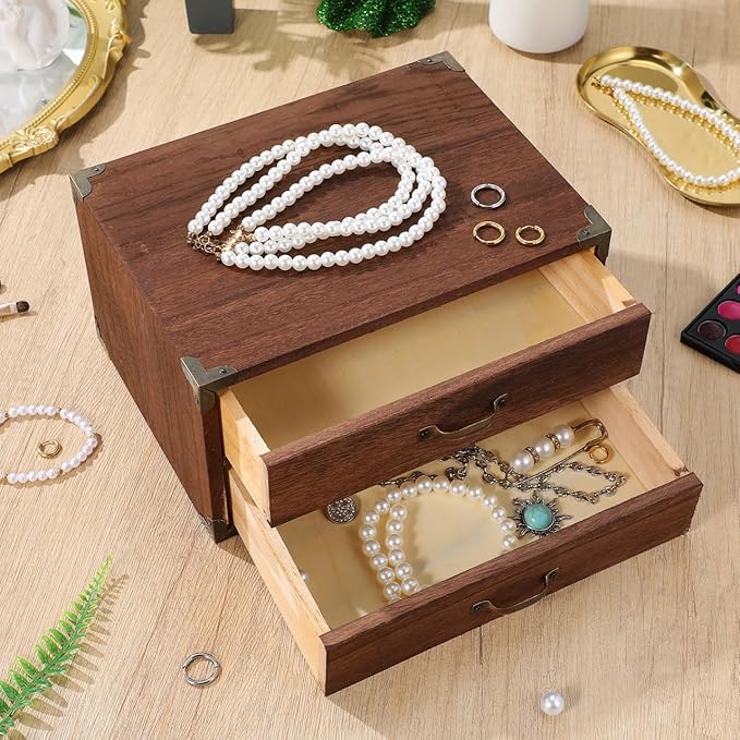 Zerodeko Vintage Wooden Drawer Storage Cabinet with 2 Drawers Compact Desktop Organizer for Office Supplies Makeup Jewelry and Home Storage 9.44X7.08X5.11 Inches