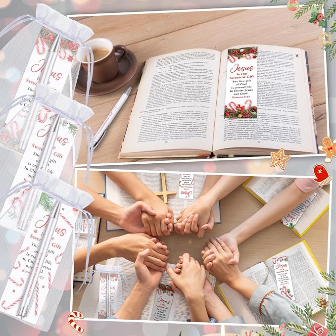 Dispowreath 24 Pcs/12 Sets Jesus is the Sweetest Gift, Include 12 Xmas Romans 6: 23 Bookmark 12 Bible Verse Ballpoint Pen for Christmas Church Prizes Party Favors