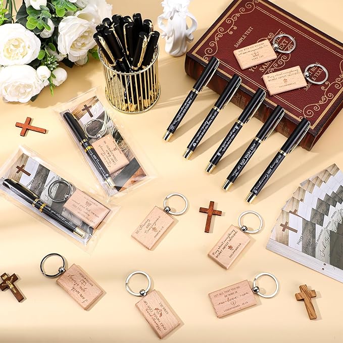 Spakon 40 Sets Father Day Church Gifts Bulk Mens Christian Mini Bible Verse Wooden Keychains Scripture Religious Pens with Cross Prayer Bookmarks Faith Gifts for Women Dad Pastor Sunday School