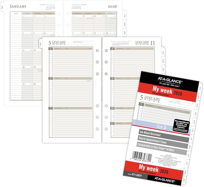 AT-A-GLANCE 2026 Planner Refill, Weekly & Monthly, 3.75" x 6.75", Portable Size 3, Loose-Leaf (471-285Y-26)