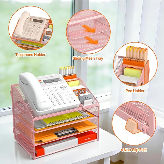 DocNest 4 Tier Metal Mesh Letter Tray - Space Saving Desk File Organizer with Handle, Pen Holder & Folder Holder - Desktop Document Sorter for Office, Home, School, Classroom - Pink