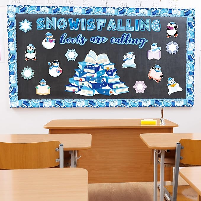 Honoson 64 Pcs Winter Bulletin Board Decoration Set Snowflake Bulletin Boards Winter Reading Classroom Decorations Book Cutouts for School Home Reading DIY Craft Chalkboard Window Wall Decor(Snow)