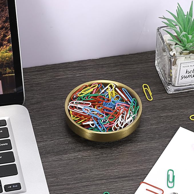 BTSKY 1 Pack Flat Golden Paper Clip Holder, Stackable Desk Organizer Metal Storage Bowl for Small Office Supplies Paper Clips & Tiny Parts, Cute Round Jewelry Storage for Office Bathroom Vanity
