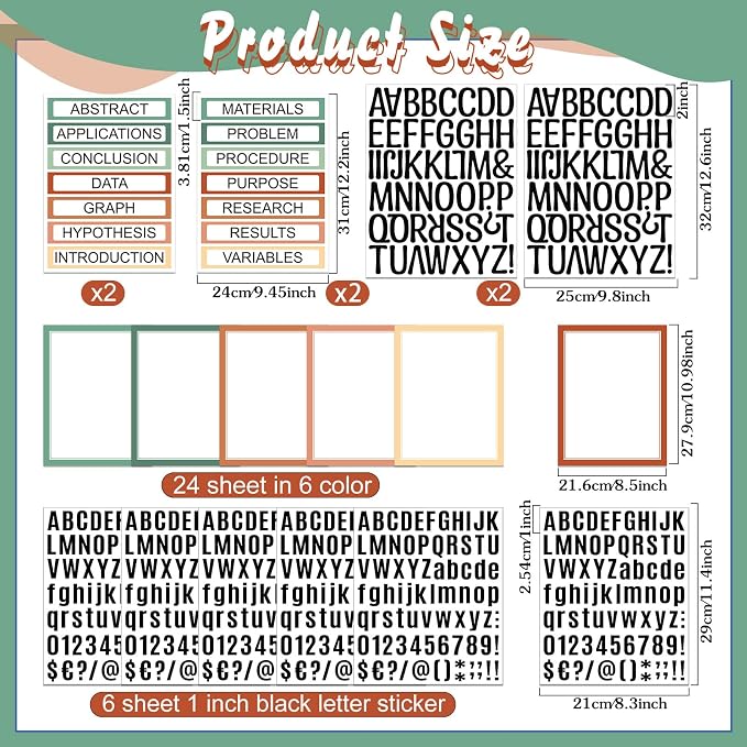 PerKoop 36 Sheets Science Fair Board Poster Boards Supplies 24 Self Adhesive Presentation Subtitles 4 Science Fair Project Titles 8 Personalized Letter Sticker for Classroom(Boho Color)