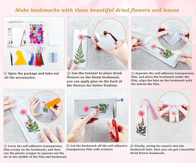 Cardstock Blank Bookmarks Set, 12 Pcs DIY White Craft Bookmarks for Pressed Flowers, Dried Floral Book Mark Making Kit with Pressed Flowers, Tassels, Book Marks for Dried Floral (Elegant Style)