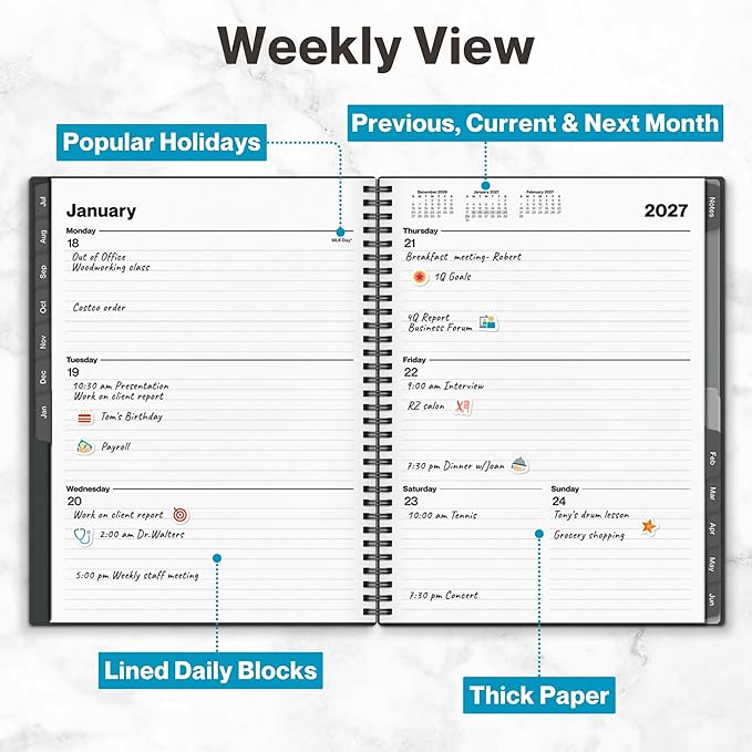 Dunwell 2026-2027 Academic Year Planner 8.5x11, July 2026 to June 2027, Weekly Monthly Agenda with Laminated Tabs, Daily Professional Organizer, Notes