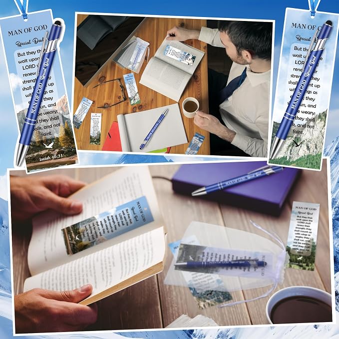 Dispowreath 24 Pcs/12 Sets Father's Day Christian Gift Man of God Bookmark Church Gift, Include 12 Isaish 40: 31 Bookmark 12 Bible Verse Ballpoint Pen for Men Church Prizes Party Favors