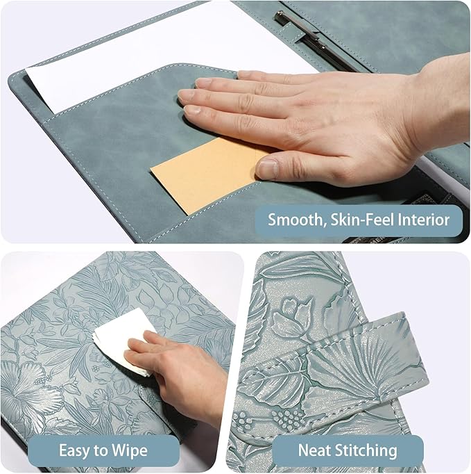 Professional Padfolio Portfolio Binder, Textured Embossing Faux Leather Folder Organizer for Letter Size Legal Pad Notepad Resume, Card Holder for Women Men Business Office Conference (Blue)
