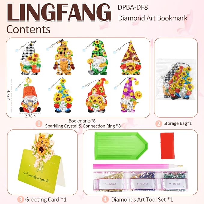 LINGFANG 8 Pcs Diamond Painting Bookmark, Diamond Art Kit for Adults, DIY Book Makers for Book Lovers, Diamond Dot Beginners, Small Diamond Art Kit, Paint by Art Crafts Gift for Women Girls (Dwarf)
