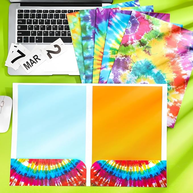 Outus 24 Pcs Tie Dye 2 Pocket Folders Letter Size Decorative File Folders Heavy Duty Office Supplies with 2 Pocket for Parent Teacher Communication Office, 12. 2 x 9. 3 Inch