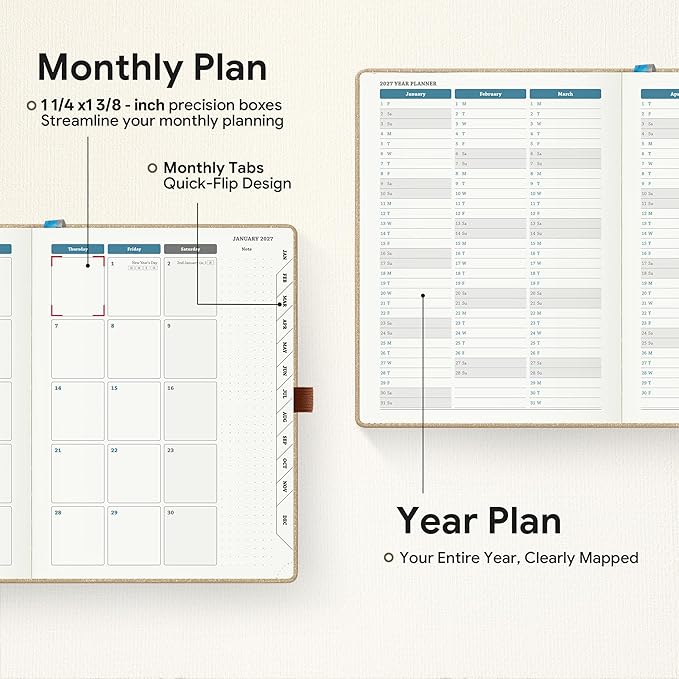 Planner 2026-2027 Weekly & Monthly Planner with Hourly Time Slots, 18 Month Academic Calendar July 2026 – Dec 2027, Vertical Layout, Monthly Tabs, Textured Fabric Hardcover, Khaki