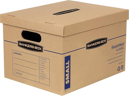 Bankers Box Small Classic Moving Box 10 Pack, Reinforced Handles, Tape-Free Assembly, Corrugate Box with Lid, 15-in x 12-in x 10-in (7714203)