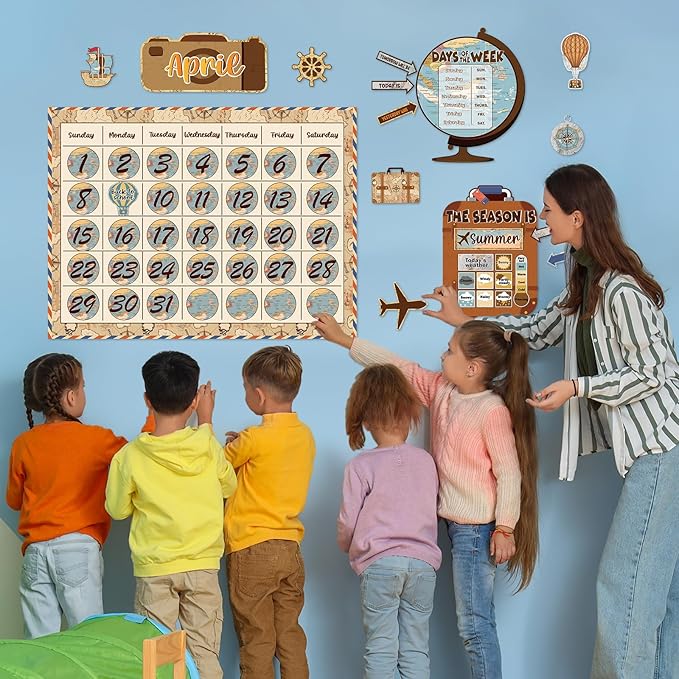 Travel the Map Calendar Bulletin Board Set for Classroom Decoration Adventure Calendar Seasons Weather Chart Explore CTP Bulletin Board Paper-Cuts for Teachers Elementary School Classroom