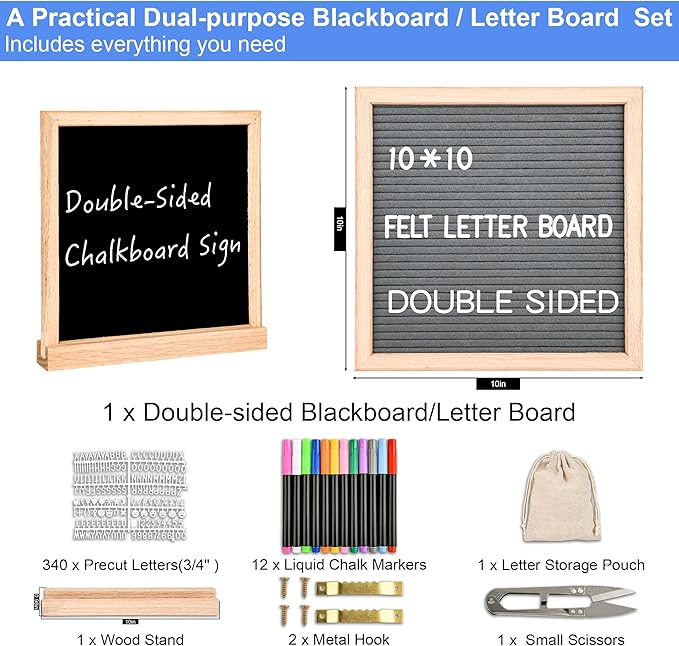 10" x 10" Double Sided Chalkboard Sign with Stand, Small Chalk Board Blackboard Wood Frame Felt Letter Board with 12 Chalk Markers and 340 Letters (Natural Wood)