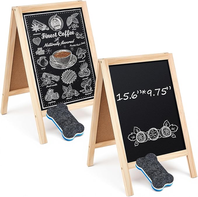 Henoyso 2 Pcs Double-Sided Tabletop Chalkboard Sign, 16"x10" Easel Rustic Wood Frame Small Chalkboard with 2 Erasers for Menu Cafes, Restaurants, Weddings Home Decor(Wooden)