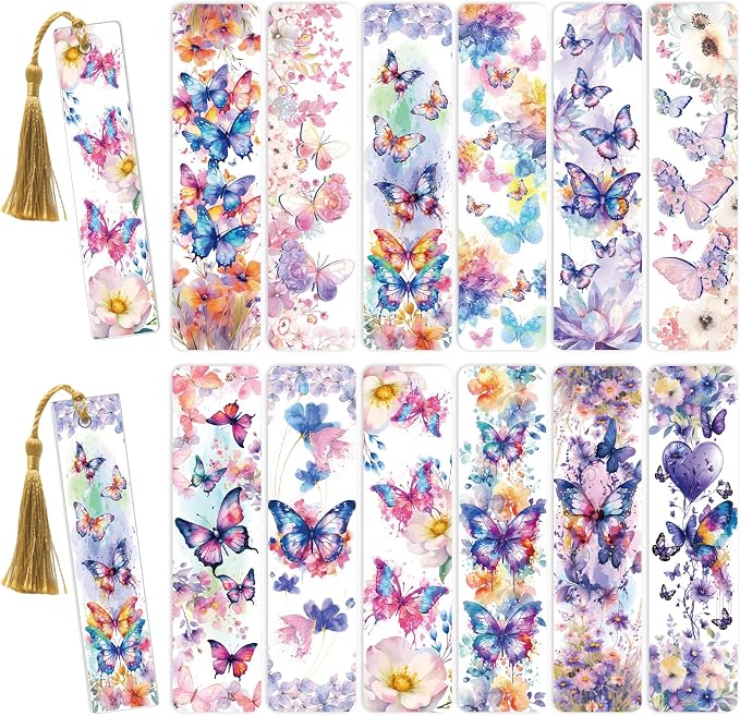 AFRITEE UV DTF Bookmark Wraps - 24 Sheets Colorful Butterfly Flowers UV DTF Stickers for Blanks Bookmark Decor, Blue Butterfly Double-Sided Waterproof Transfer Sticker Decals Decor Gift for Women