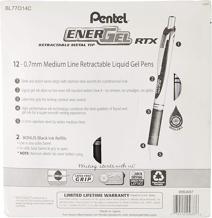 Pentel EnerGel RTX Retractable Metal Tip Pen, 0.7mm, 9 Black Ink, 3 Blue Ink with 2 Refills (BL77O14C)