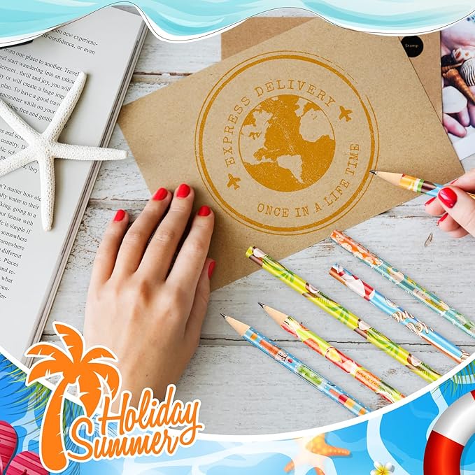 Fainne 36 Pcs Beach Themed Summer Pencils with Eraser Bulk Hawaiian Party Favors Cool Summer Novelty Fun Wooden Colorful Pencils for Class School Office Supplies Reward Prize Party Gifts, 6 Style