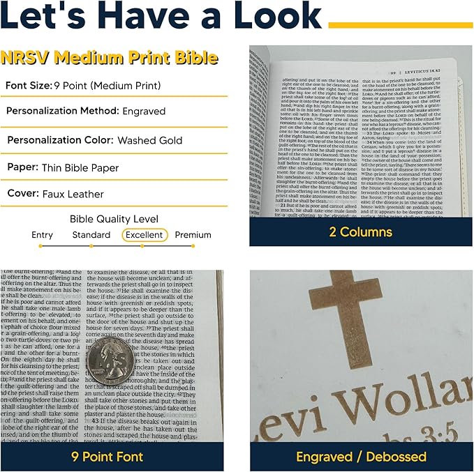 Custom NRSV Catholic Edition Faux Leather Holy Bible with Sacraments of Initiation | Medium Text | Engraved in Washed Gold | Personalized Catholic Bible in White
