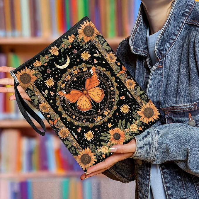 Vintage Floral Butterfly Book Cover, Waterproof Book Sleeve with Zippered Front Pocket Retro Flowers Book Pouch for Book Lovers, Christmas, Birthday, Graduation Gifts (Butterfly&Flower, Large)
