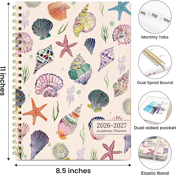 Academic Planner 2026-2027, Weekly and Monthly Calendar Book, July 2026 – June 2027, Hardcover Planner with Tabs, Perfect for Teachers, Students, Women & Men, A4 (8.5" x 11") - Sea Shell