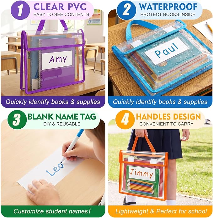 Teling 36 Pack 14 x 11 Inch Clear Book Pouches with Handles and Name Tags, Heavy Duty Reusable Library Book Bags for Classroom, Students Kids and Teacher Supplies (Bright Color)